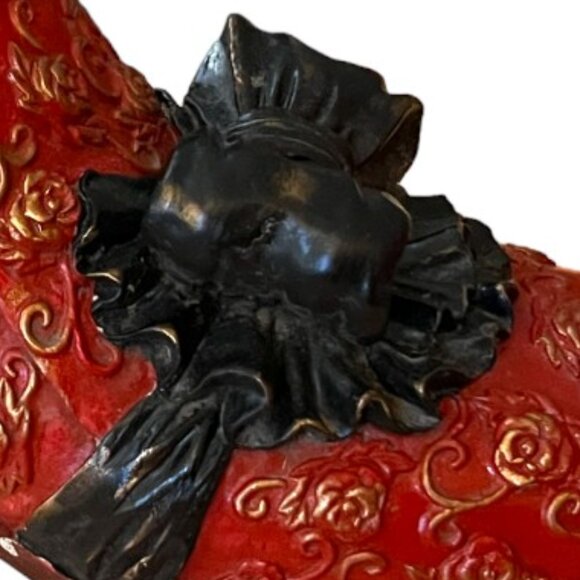 RARE! Vtg Ornate Red Plaster Shoe Planter Frilly Black Bow, Roses & Gold Accents - Picture 2 of 15